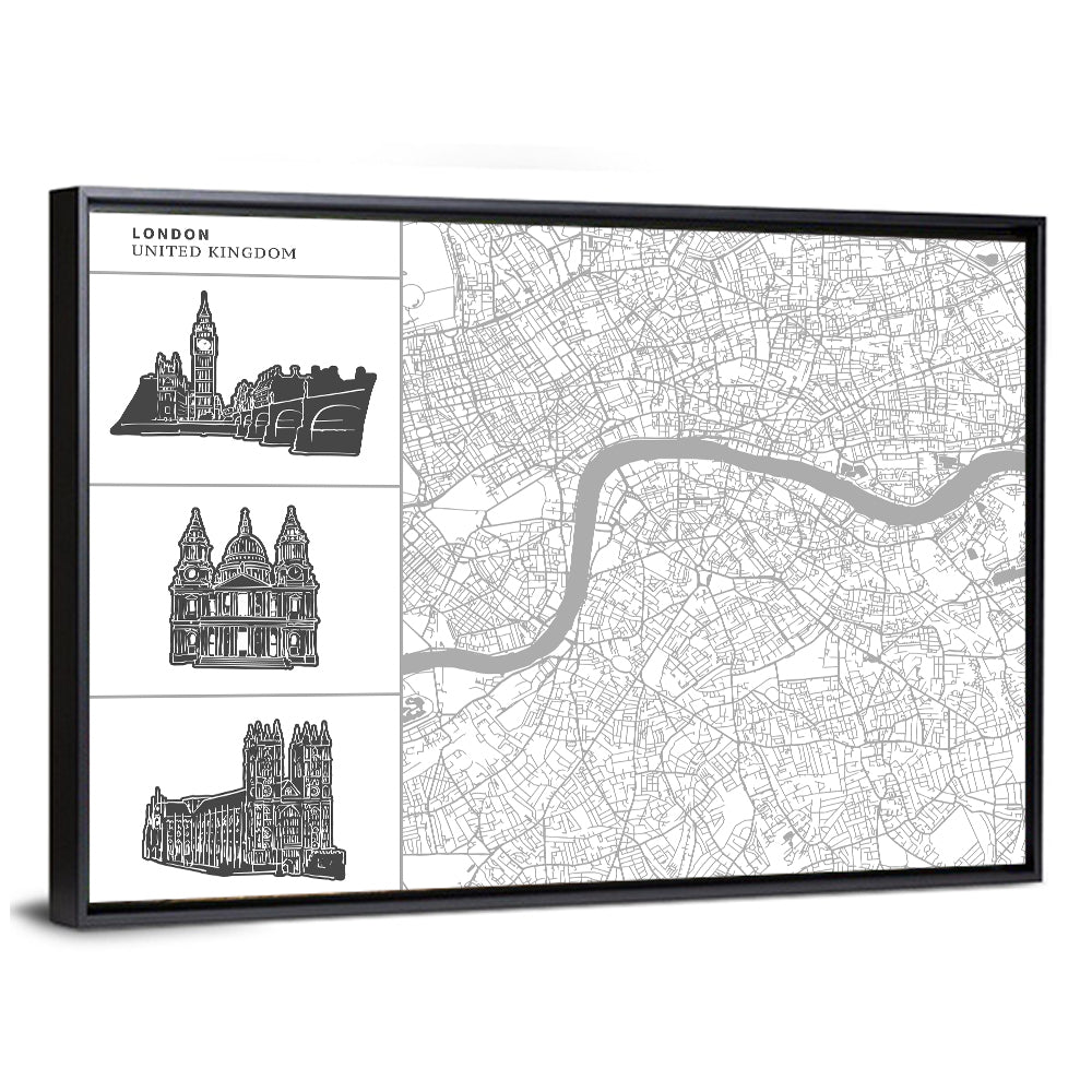 London Map with Landmark Silhouettes Wall Art