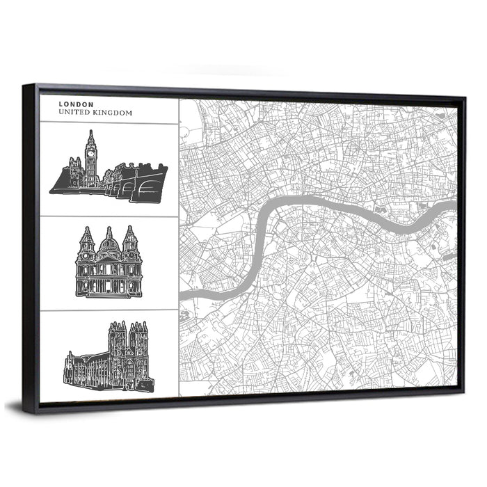 London Map with Landmark Silhouettes Wall Art as a framed canvas