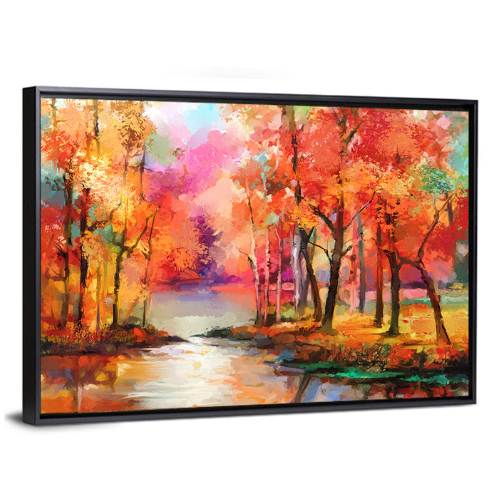 Autumn Lake Reflection Illustration Wall Art as a framed canvas