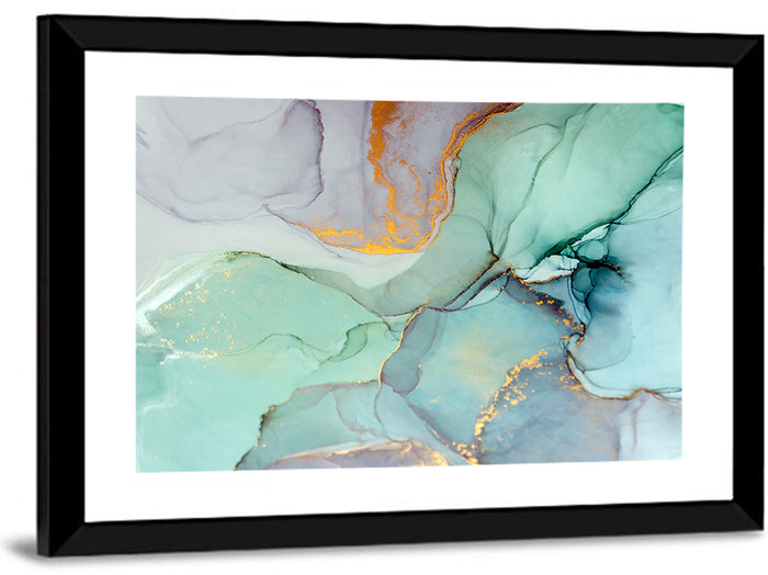 Teal Ink Marbling with Gold Veins Wall Art as a framed print