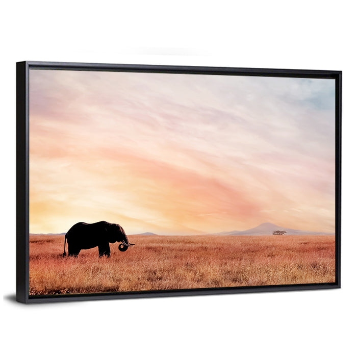Savannah Elephant at Sunset Wall Art as a framed canvas