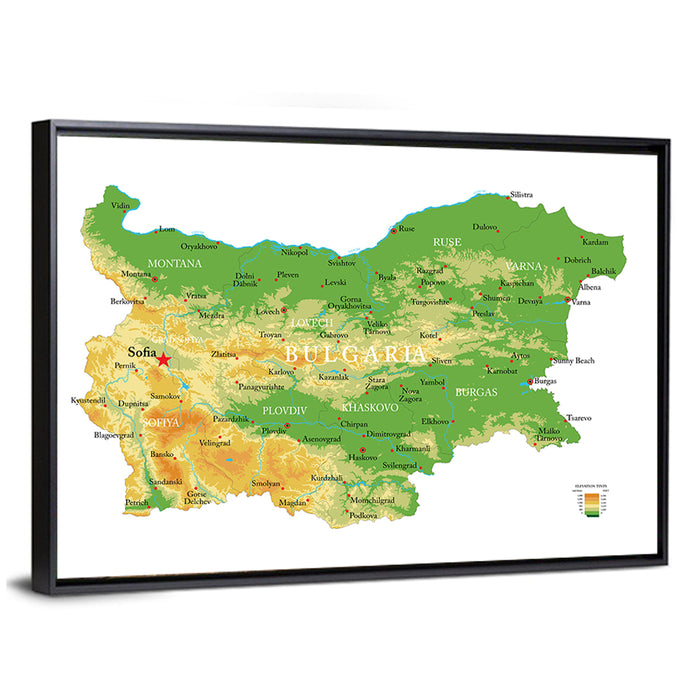 Bulgaria Topographic Map Wall Art as a framed canvas