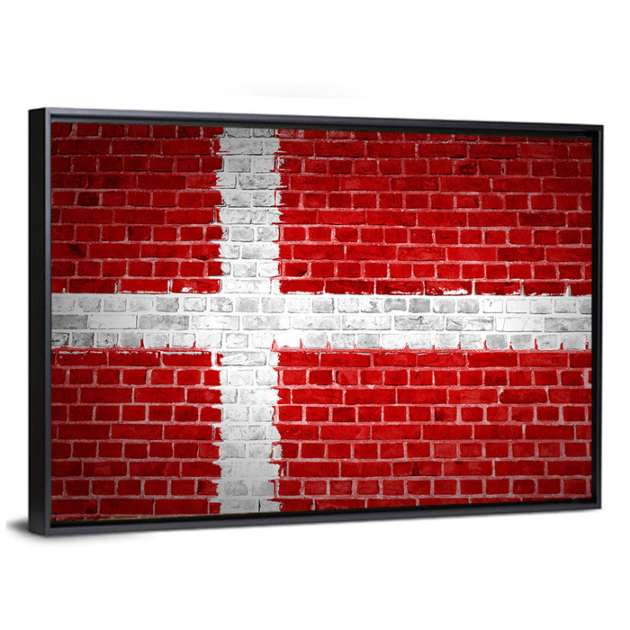 Denmark Flag on Weathered Brick Wall Art as a framed canvas