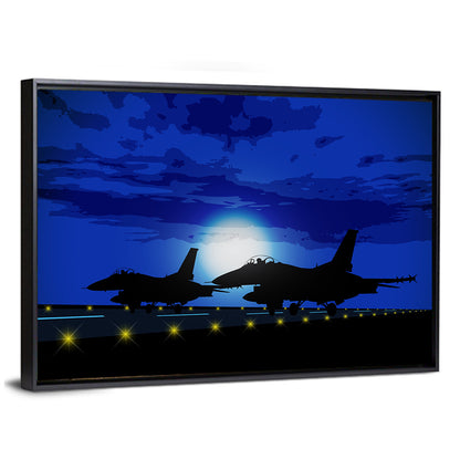 Moonlit Fighter Jets on Runway Wall Art