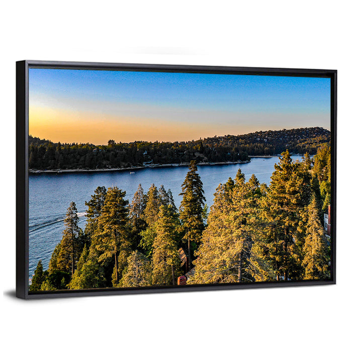 Lake Arrowhead Sunset Over Pines Wall Art as a framed canvas