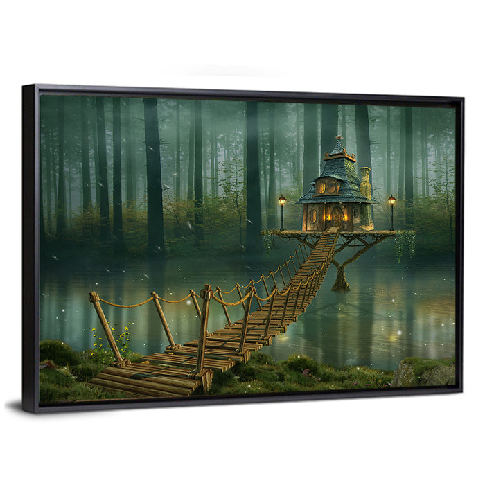 Rope Bridge to Misty Fairy House Wall Art as a framed canvas