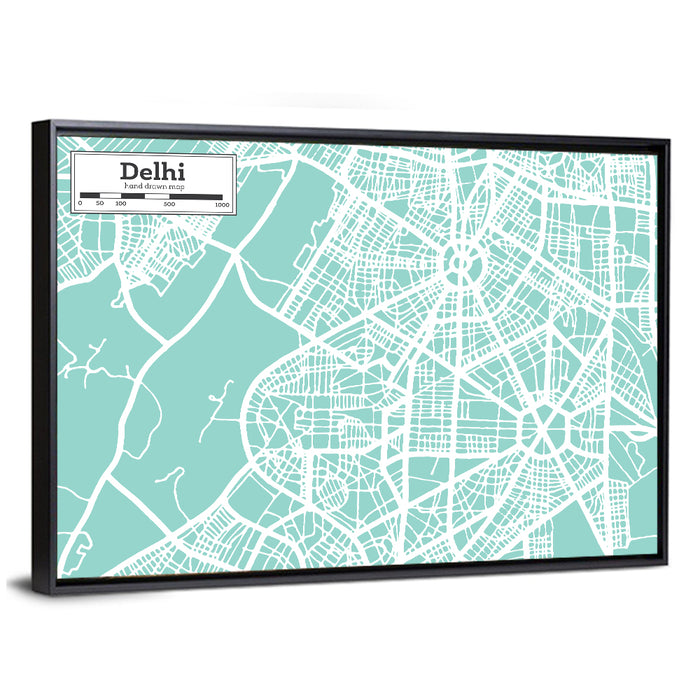 Delhi City Map Wall Art as a framed canvas