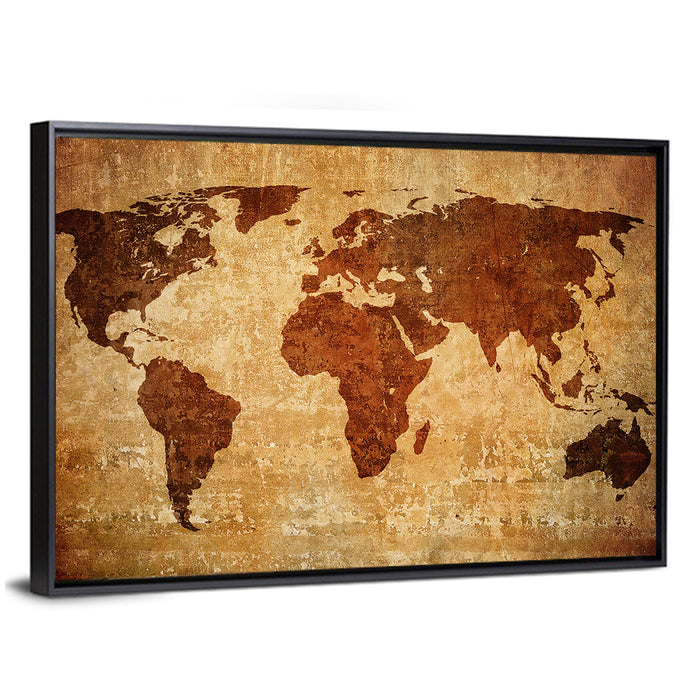 Grunge World Map Wall Art as a framed canvas