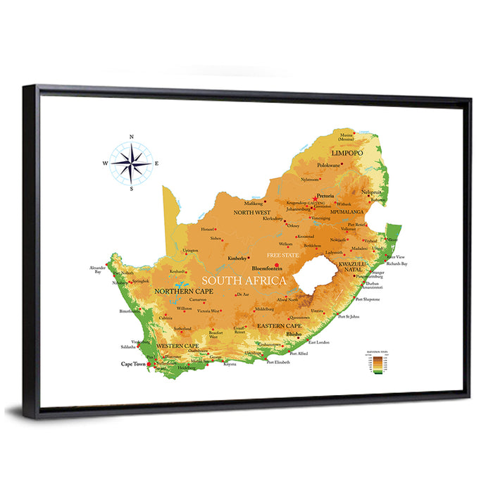 South Africa Physical Map Wall Art as a framed canvas