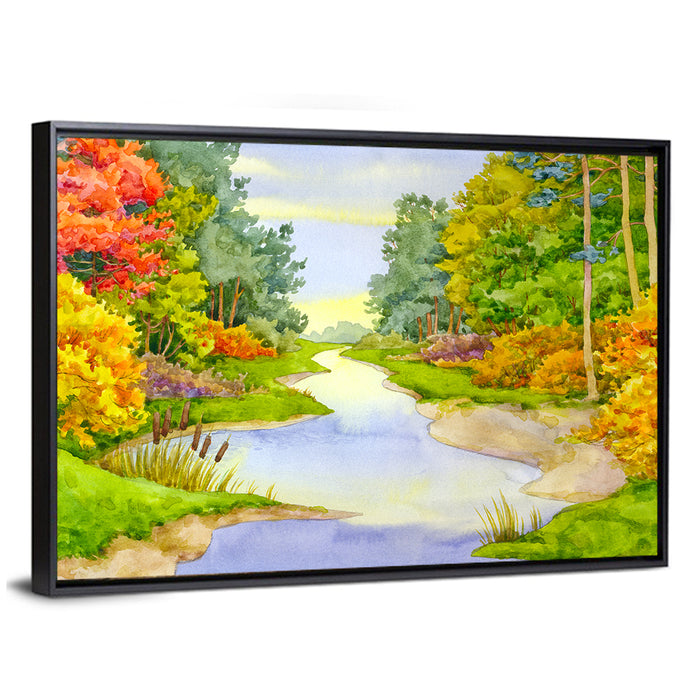 Autumn Forest Creek Wall Art as a framed canvas