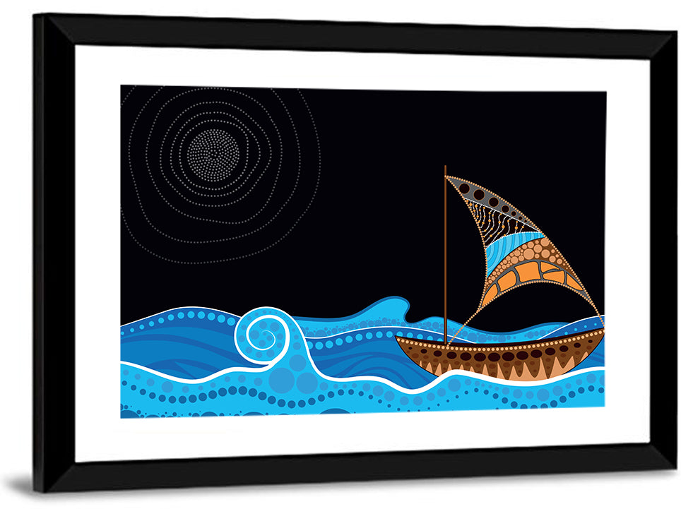 Moonlit Dotted Sailboat Illustration Wall Art