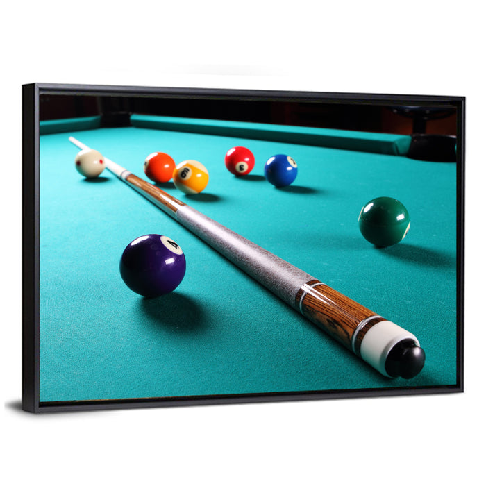 Billiard Cue on Green Felt Wall Art as a framed canvas