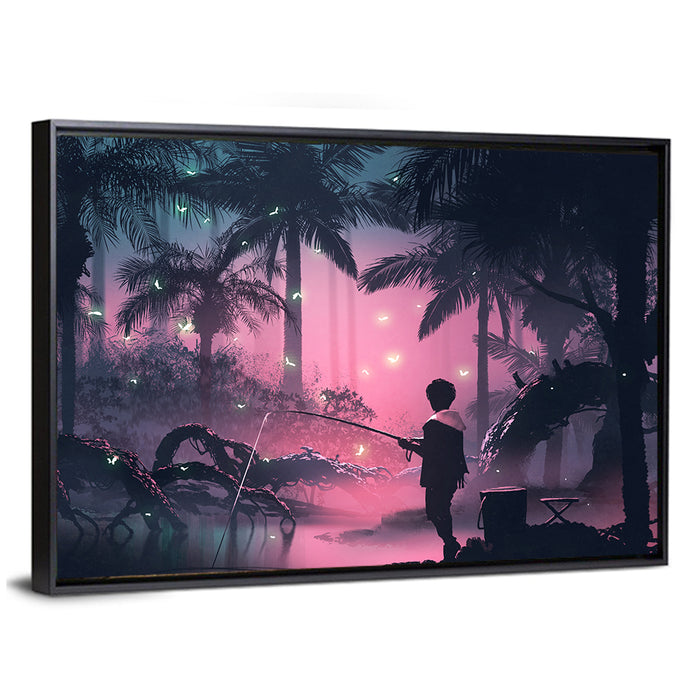 Night Swamp Fishing Wall Art as a framed canvas