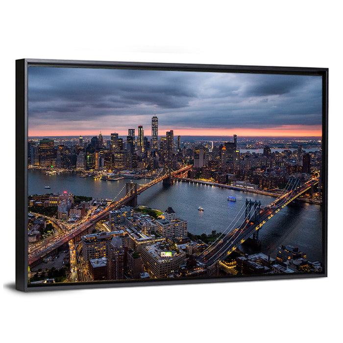 Twilight Over Brooklyn and Manhattan Bridges Wall Art as a framed canvas