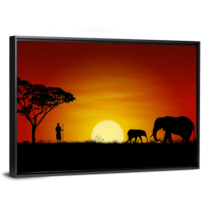Massai Warrior and Elephants at Sunset Wall Art as a framed canvas