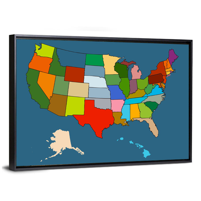 Color-blocked United States Map Wall Art as a framed canvas