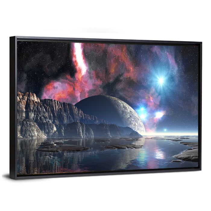 Tranquil Alien Lake Wall Art as a framed canvas