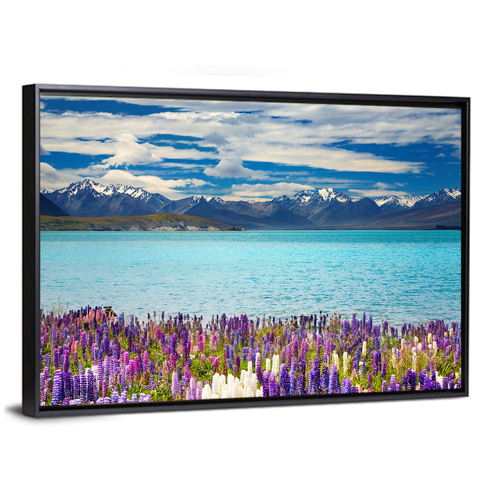 Lake Tekapo Lupines and Mountains Wall Art as a framed canvas