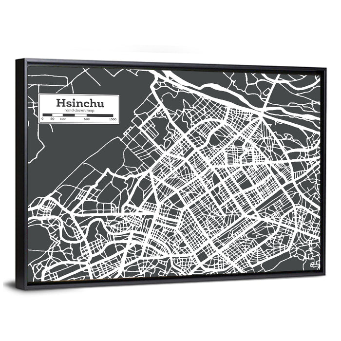Hsinchu Street Grid Map Wall Art as a framed canvas