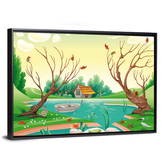 Thatched Village by the Lake Wall Art