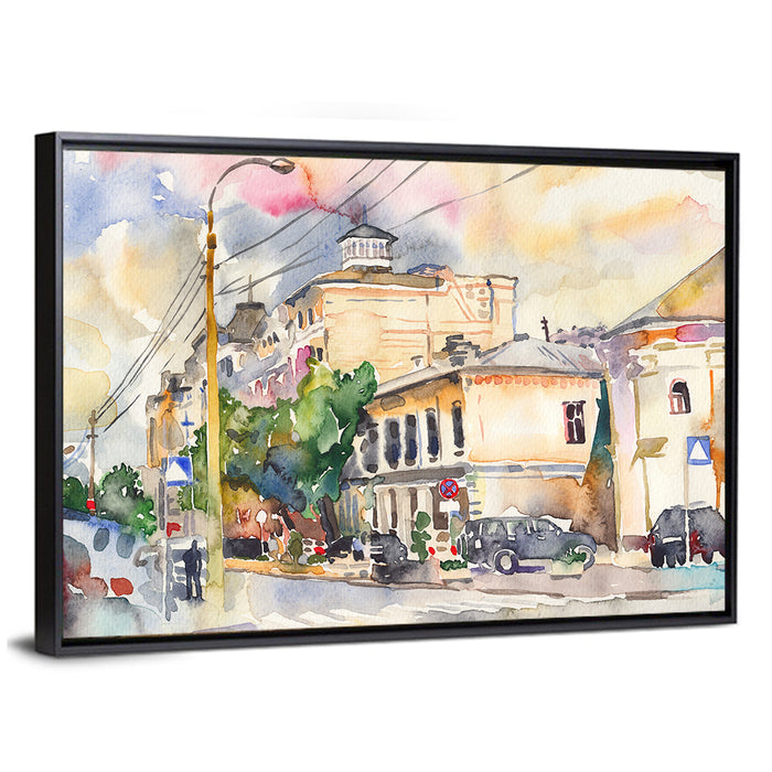 Sunlit City Street Watercolor Wall Art as a framed canvas