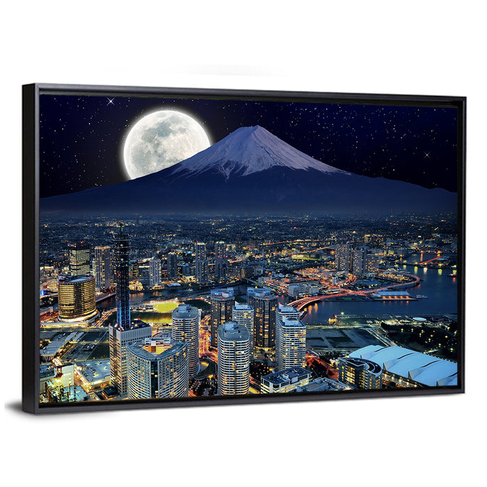 Yokohama Night Skyline with Mount Fuji Wall Art as a framed canvas