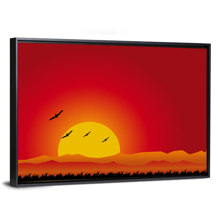 Four Birds at Sunset Wall Art as a framed canvas