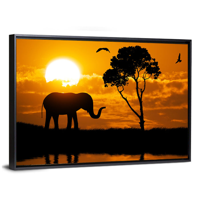 Sunset Elephant Silhouette Wall Art as a framed canvas
