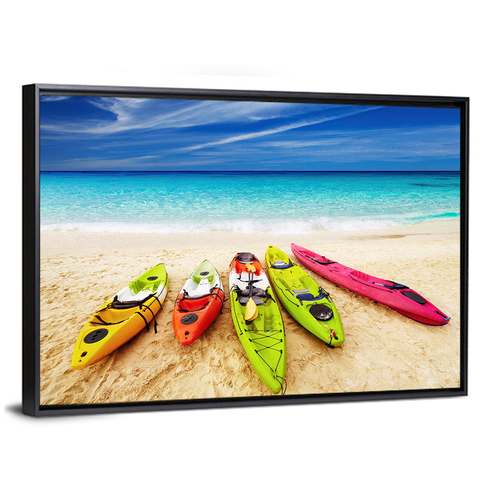 Five Colorful Kayaks on White Sand Wall Art as a framed canvas