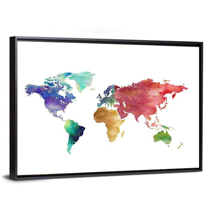 Watercolor World Map Wall Art as a framed canvas