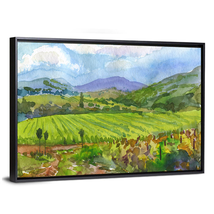 Countryside Vineyard Watercolor Wall Art as a framed canvas