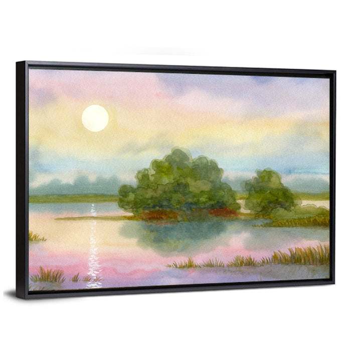 Golden Hour Sunrise Over Lake Wall Art as a framed canvas