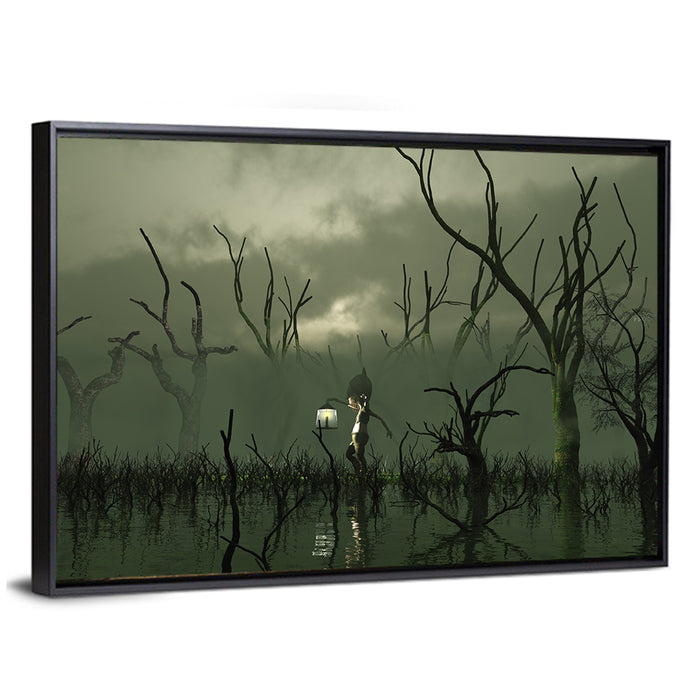 Will O the Wisp in Misty Swamp Wall Art as a framed canvas
