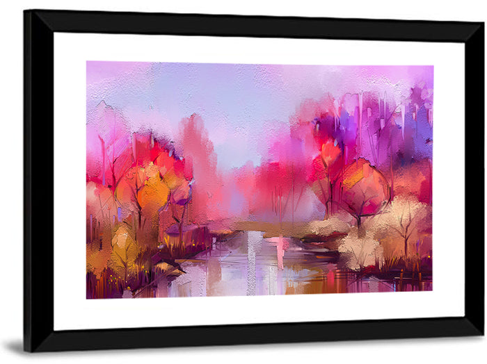 Autumn Forest Reflection Oil Painting Wall Art as a framed print