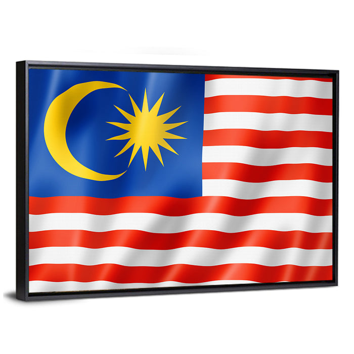 Malaysian Flag with Crescent and 14 Point Star Wall Art as a framed canvas