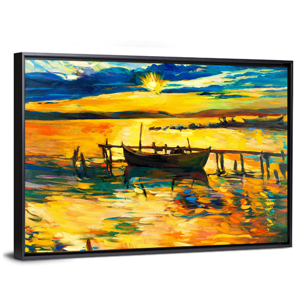 Sunset Boat at Jetty Oil Painting Wall Art