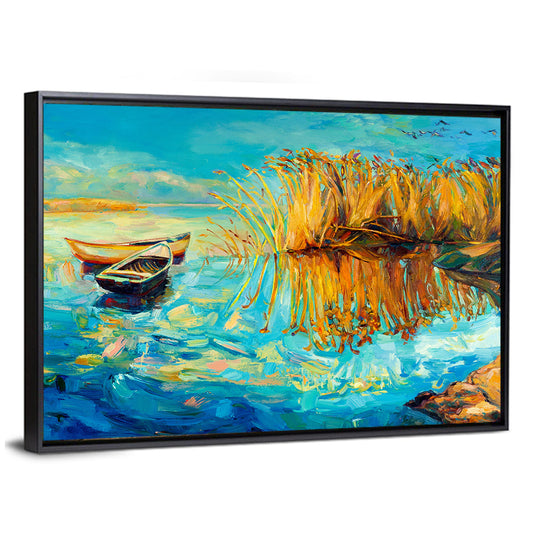 Rowboats and Reeds on Blue Lake Wall Art