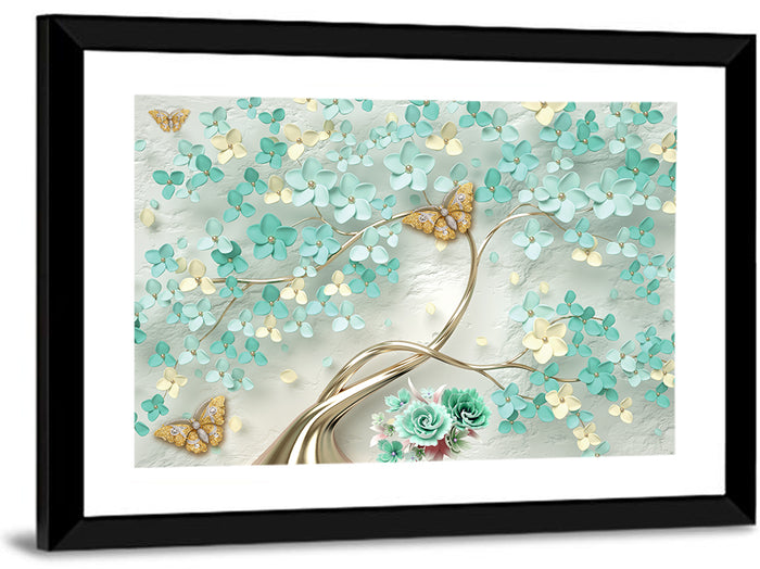 Teal and Gold Floral Abstraction Wall Art as a framed print