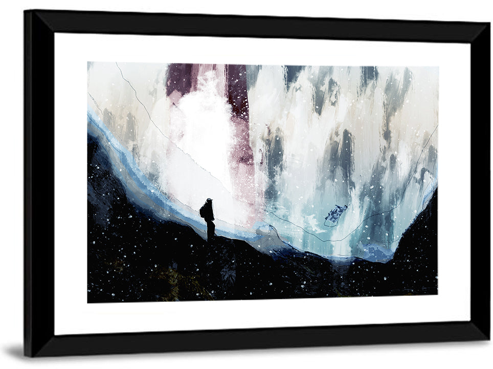 Silhouette on Cliff Over Waterfall Wall Art