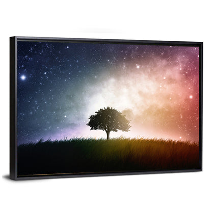 Tree Silhouette Under Nebula Sky Wall Art
