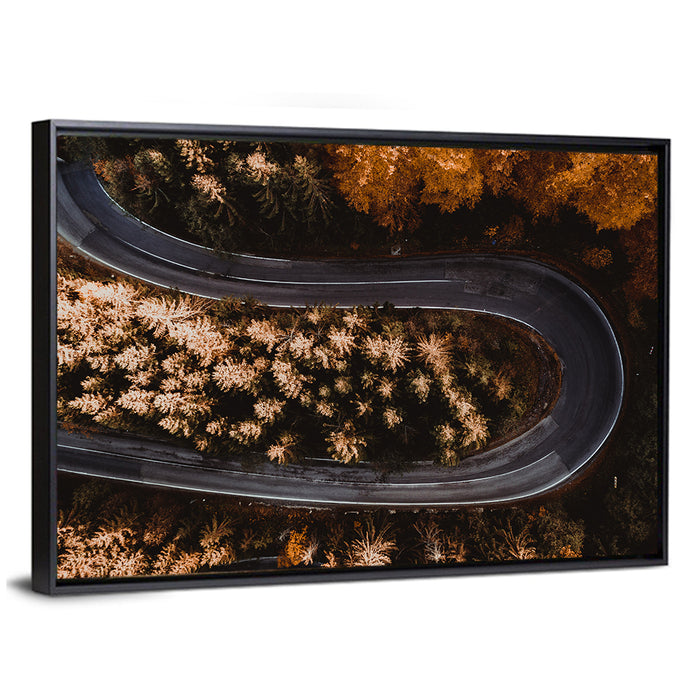 Hairpin Turn in Autumn Forest Wall Art as a framed canvas