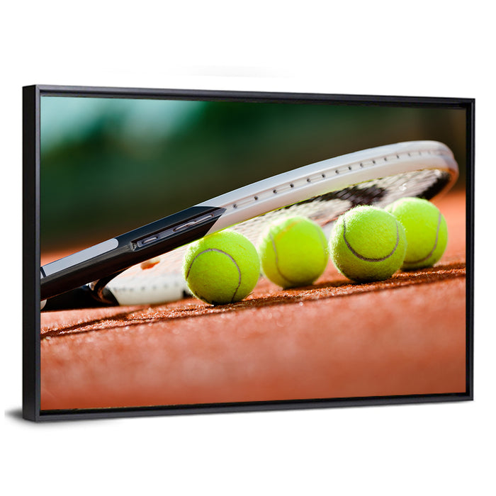 Tennis Balls Along Racket Frame Wall Art as a framed canvas