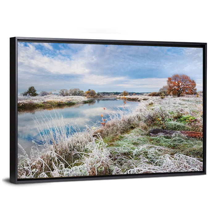 Frosted Autumn River Landscape Wall Art as a framed canvas