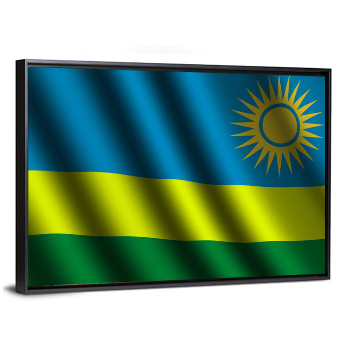 Rwandan Flag with Golden Sun Wall Art as a framed canvas