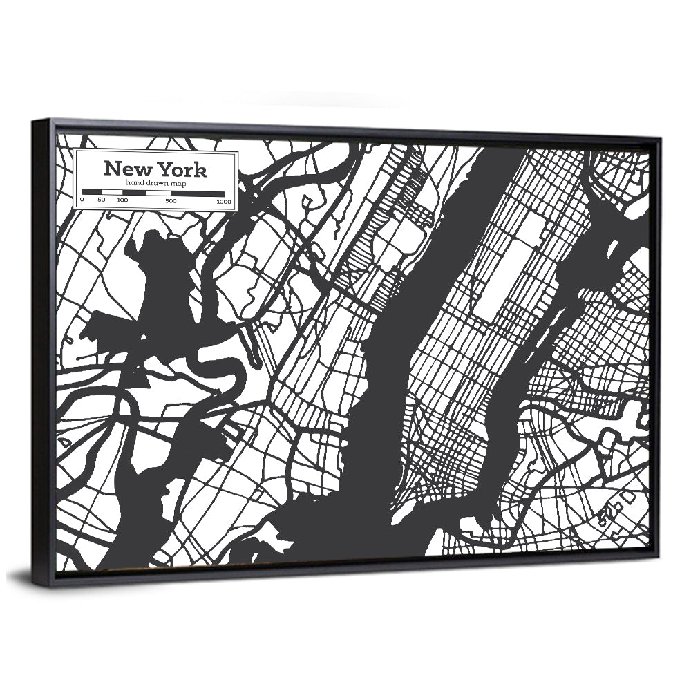 New York City Map Black and White Wall Art