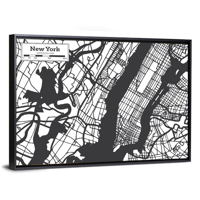 New York City Map Black and White Wall Art as a framed canvas