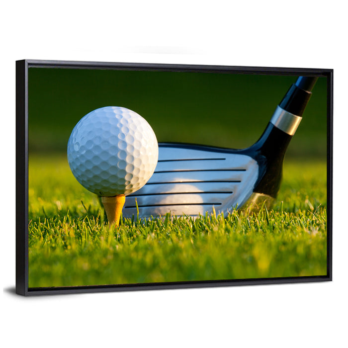 Golf Ball and Club Close Up Wall Art as a framed canvas