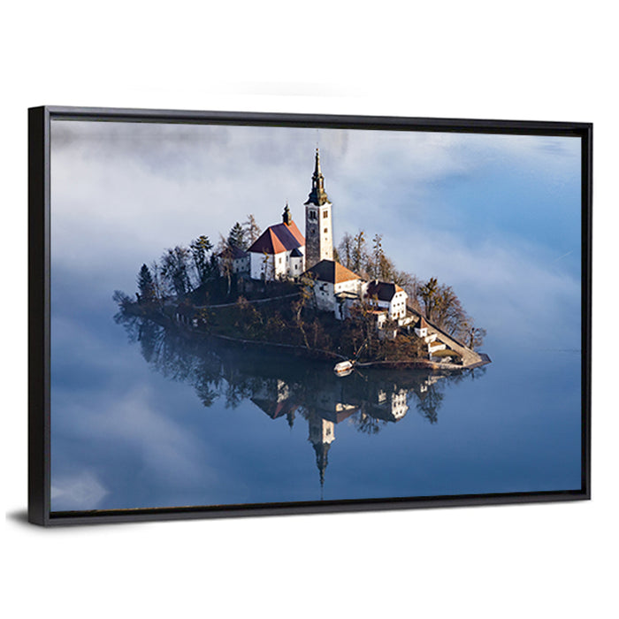 Bled Island Morning Fog Wall Art as a framed canvas