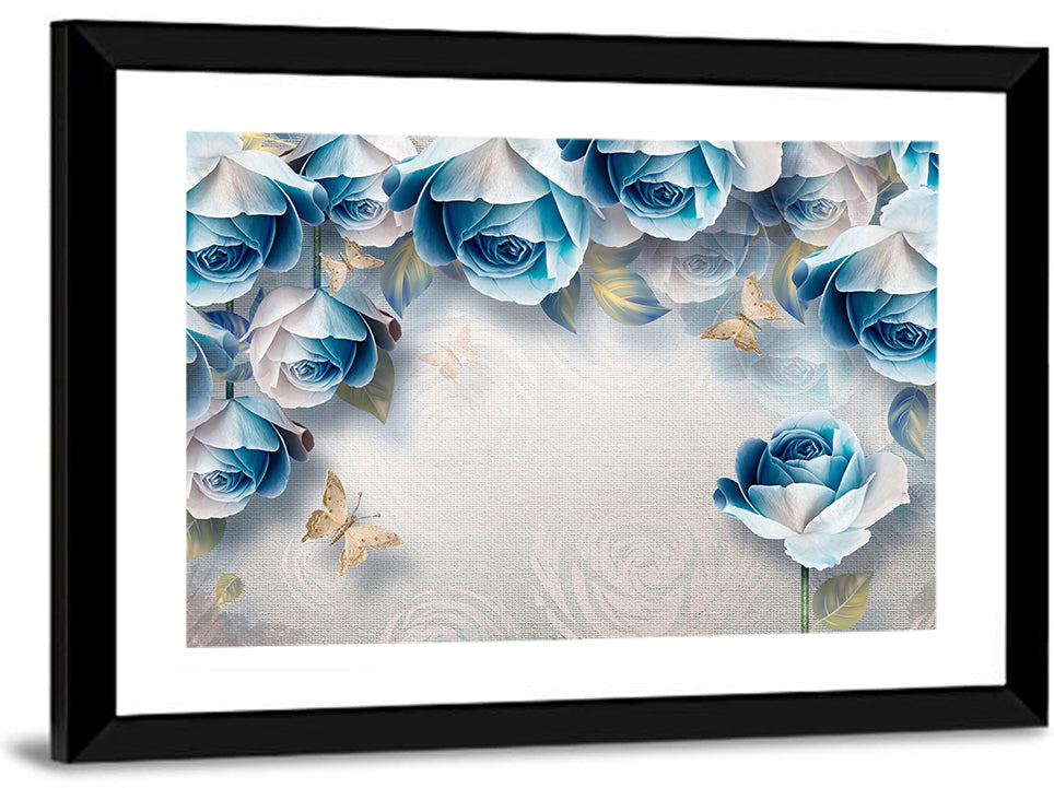 Blue Rose Border with Gold Butterflies Wall Art