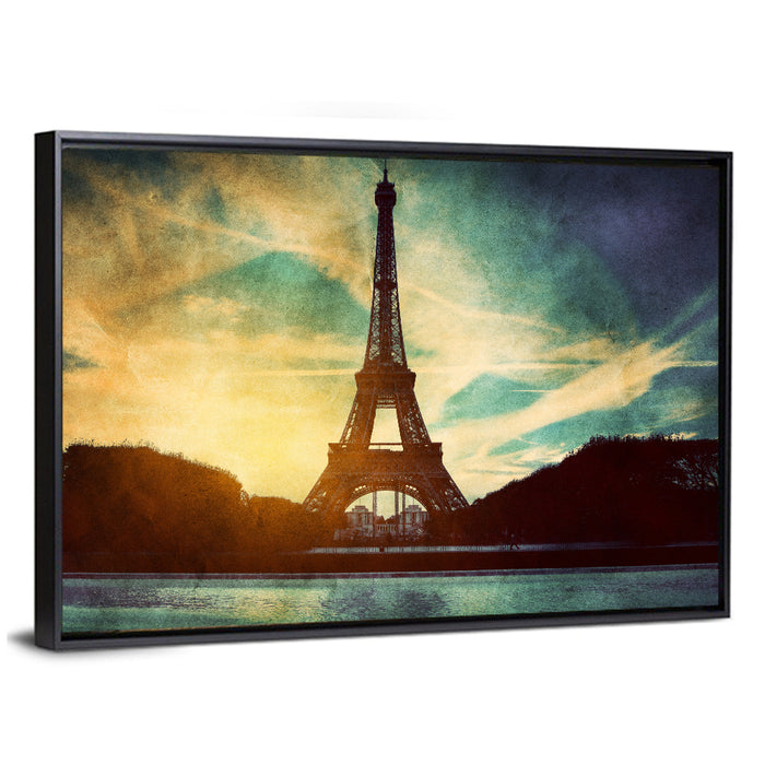 Eiffel Tower Sunset Reflection Wall Art as a framed canvas